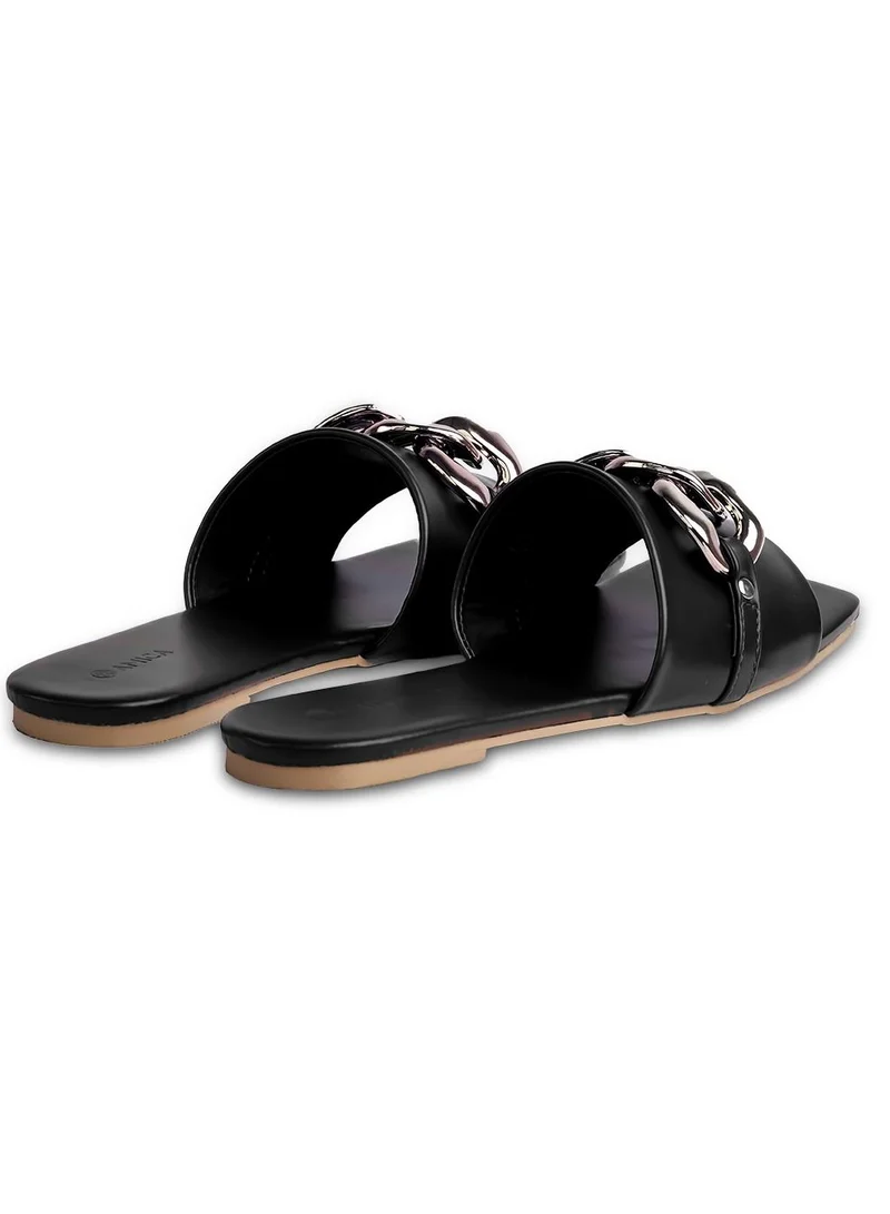 AMICA Nora Women's Square Open Flat Slide Leather Sandals with Embellished Trim