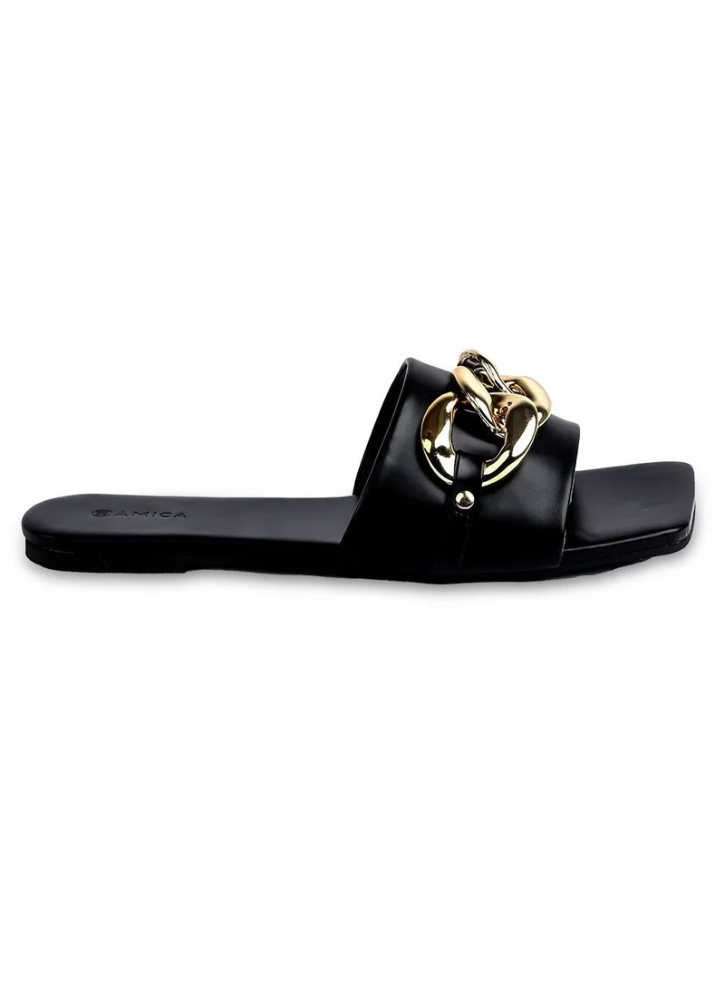 AMICA Nora Women's Square Open Flat Slide Leather Sandals with Embellished Trim