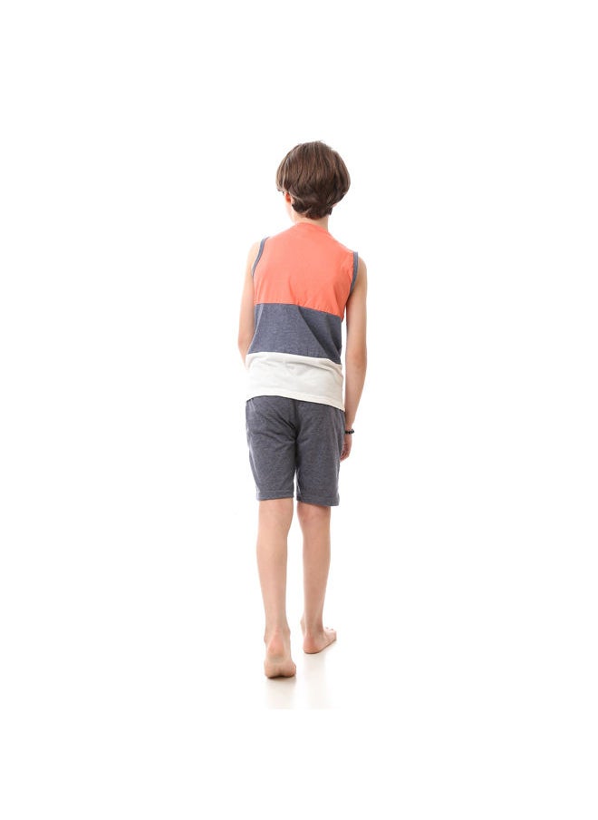 Andora - Sleeveless Rounded Slip On Pajama Set - Coral, Grey & White - Image 1