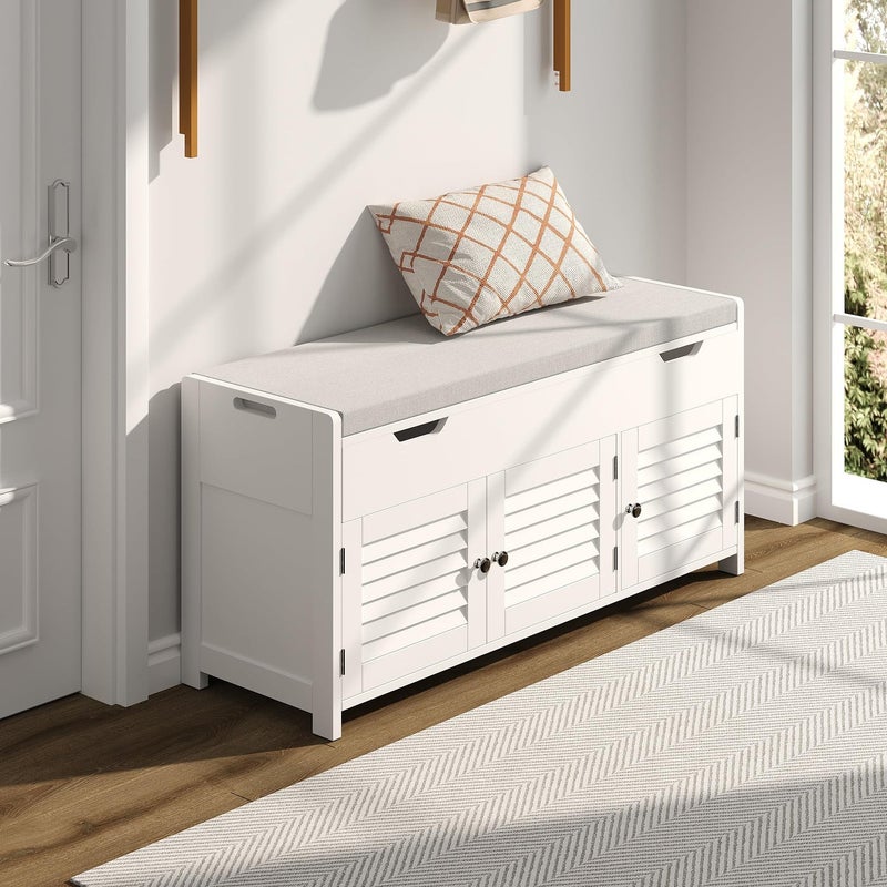 ChooChoo 413 Shoe Storage Bench with Lift Top Storage Entryway Bench with Cushioned Seat Adjustable Shelf Shoe Cabinet with Hidden Space for Entryway Bedroom Living Room White