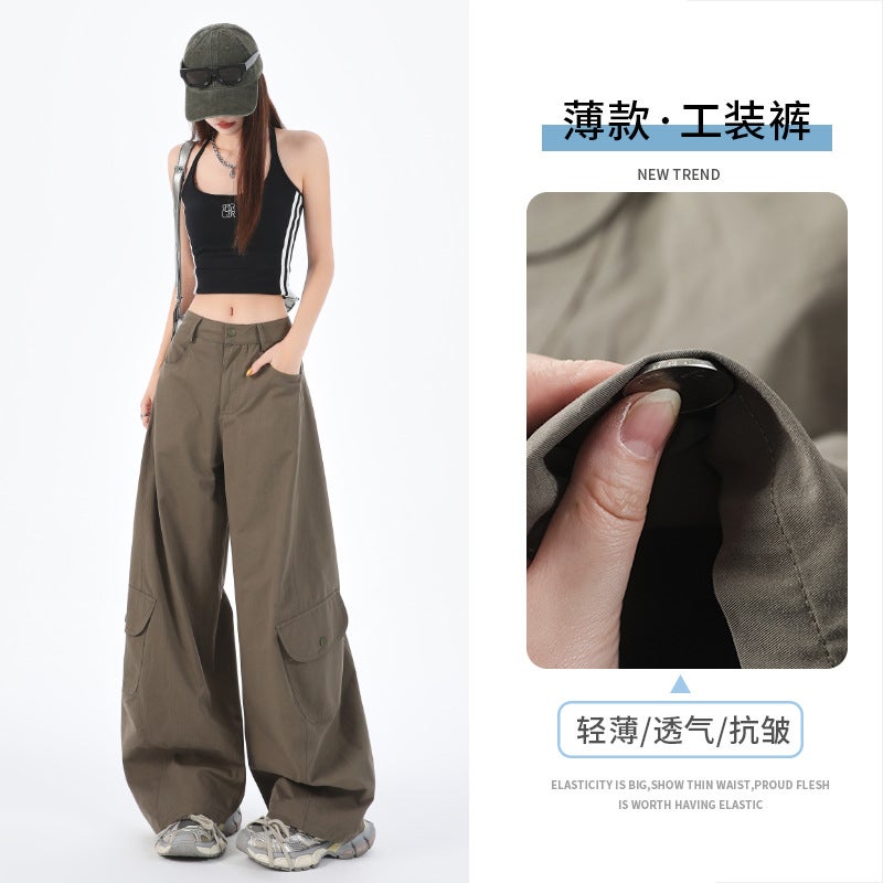 Women's Loose Fit Wide Leg Cargo Pants with Multiple Pockets, Ultra-Thin Cotton Blend, Vintage Retro Style - Image 2