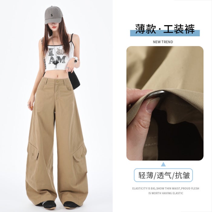 Women's Loose Fit Wide Leg Cargo Pants with Multiple Pockets, Ultra-Thin Cotton Blend, Vintage Retro Style - Image 1