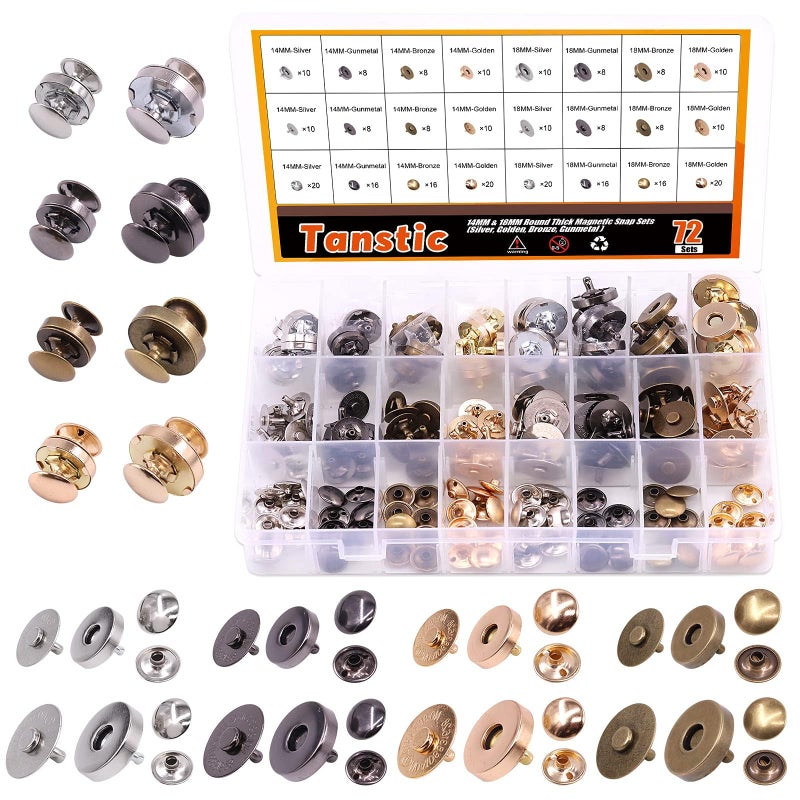 Tanstic 72 Sets 14mm and 18mm 4 Color Round Magnetic Snap Sets Strong Magnetic Button Clasps DoubleSided Magnetic Leather Snaps for Clothes Jackets Jeans Wears Bracelets DIY Craft Sets