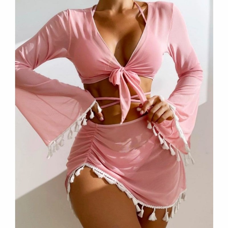 Women's Modest 4-Piece Swimwear Set with Tassel Cover-Up and Mesh Skirt - Solid Color Padded Bikini  Set - Image 3