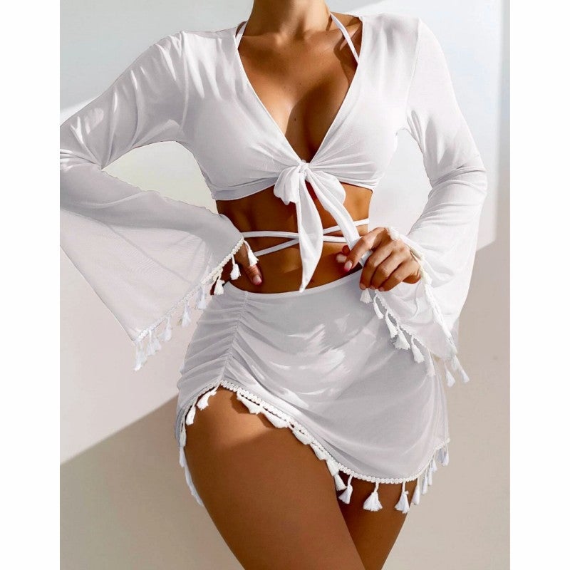 Women's Modest 4-Piece Swimwear Set with Tassel Cover-Up and Mesh Skirt - Solid Color Padded Bikini  Set - Image 5