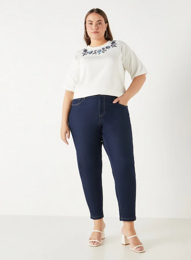 Ulla Popken Plus Size Ulla Popken Embroidered T-shirt with Short Sleeves