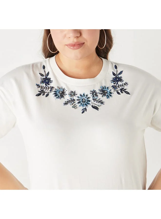 Ulla Popken Plus Size Ulla Popken Embroidered T-shirt with Short Sleeves