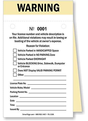 SmartSign SmartSign NCR 2Part Perforated Numbered Parking Warning Ticket  375 x 625 Manila Tag with Adhesive Strips Pack of 50  - Image 1