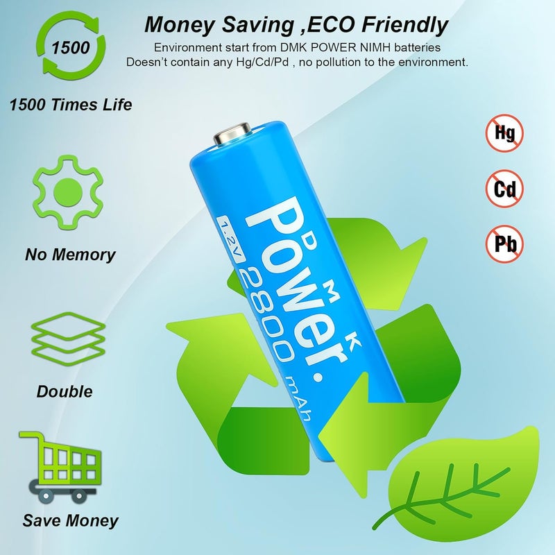 DMK Power Rechargeable AA Batteries,2800mAh High Capacity Batteries 1.2V NiMH Low Self Discharge (BLUE, 4 PIECES) - Image 1