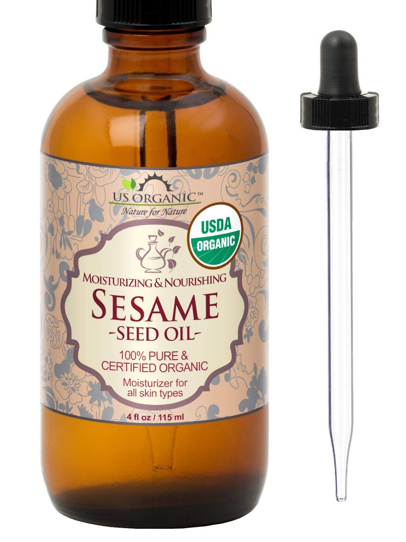 US Organic Sesame Seed Oil, USDA Certified Organic, Untoasted, Unrefined Virgin, 100% Pure & Natural, Cold Pressed, in Amber Glass Bottle w/Glass Eye dropper, Sourced from Mexico (4 oz (Large)) - Image 1