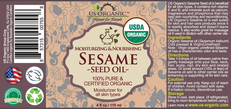 US Organic Sesame Seed Oil, USDA Certified Organic, Untoasted, Unrefined Virgin, 100% Pure & Natural, Cold Pressed, in Amber Glass Bottle w/Glass Eye dropper, Sourced from Mexico (4 oz (Large)) - Image 2