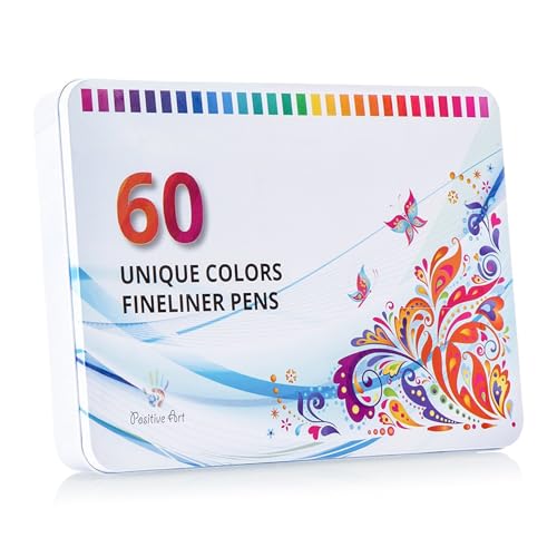 Positive Art Fineliner Coloring Pen Set 60 Unique Colors with Metal Case | Colorful Ultra Fine Tips 0.4 mm | Adult Coloring Books, Draw Pictures, Write Notes | Assorted Colors, 60 Colors - Image 1