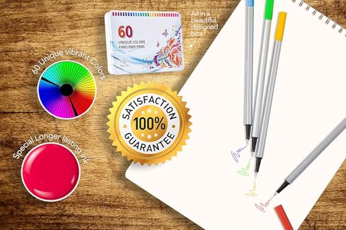 Positive Art Fineliner Coloring Pen Set 60 Unique Colors with Metal Case | Colorful Ultra Fine Tips 0.4 mm | Adult Coloring Books, Draw Pictures, Write Notes | Assorted Colors, 60 Colors - Image 5