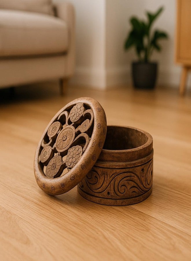 SANDSTERS VR SOURCING Handcrafted Round Marble Jewelry Box – Floral Carving Design – Size 5x5x2 inch – Storage Box for Rings, Earrings & Small Accessories - Image 1