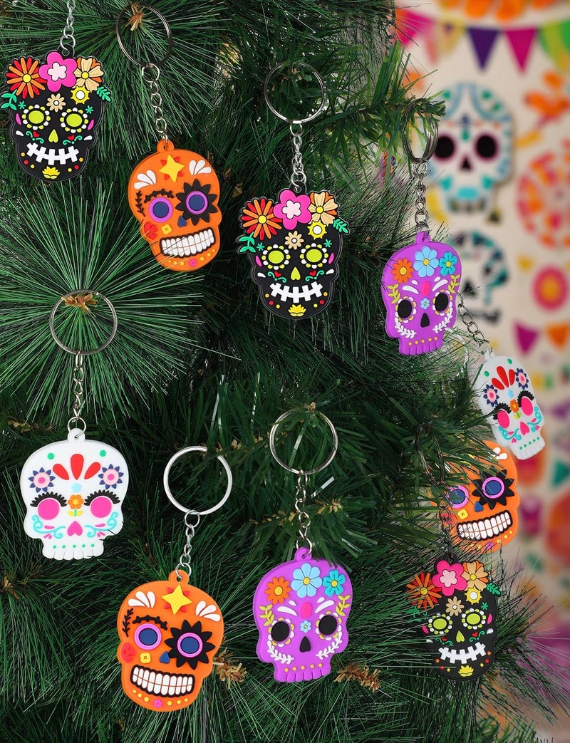 ALDMIO Day of The Dead Ornaments,Dia De Los Muertos Skull Keychain,Halloween Hanging Skeleton Head Decorations for Xmas Tree - Image 5
