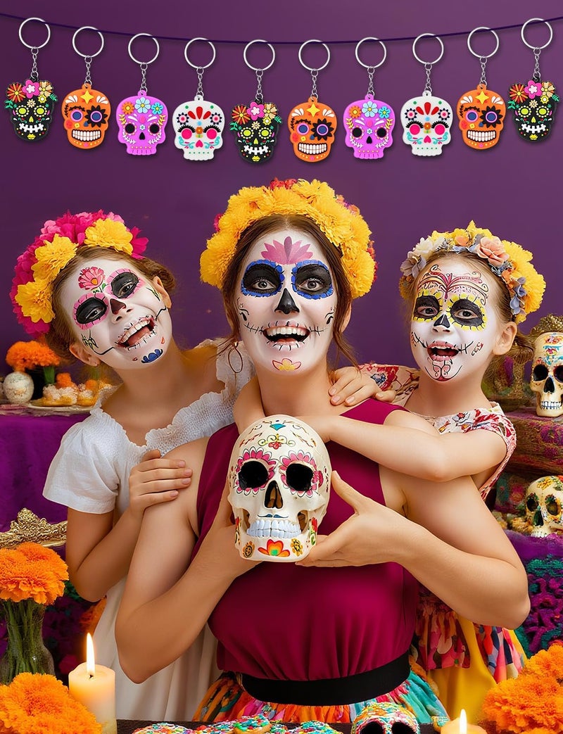 ALDMIO Day of The Dead Ornaments,Dia De Los Muertos Skull Keychain,Halloween Hanging Skeleton Head Decorations for Xmas Tree - Image 3