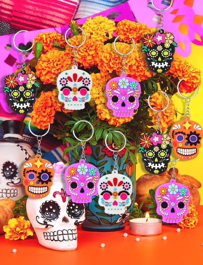 ALDMIO Day of The Dead Ornaments,Dia De Los Muertos Skull Keychain,Halloween Hanging Skeleton Head Decorations for Xmas Tree - Image 4