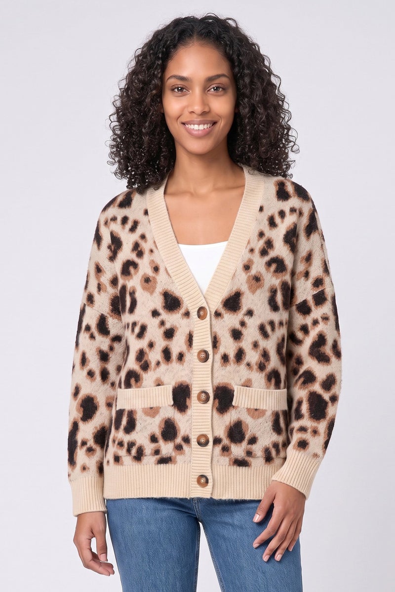 Walter Baker Women V-Neck Animal Print Cardigan, Multicolor - Image 1