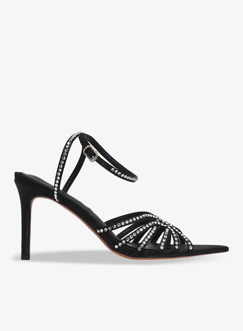 Silver Rhinestone Detail Embellished High Heel Sandals