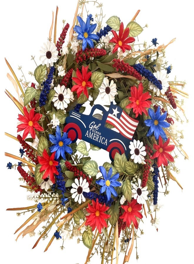 Idyllic 20Inch 4th of July Wreath Patriotic Independence Wreath for Front Door, Red White and Blue Daisy for Memorial Day Independence Day Veterans Day Front Door Decoration - Image 1