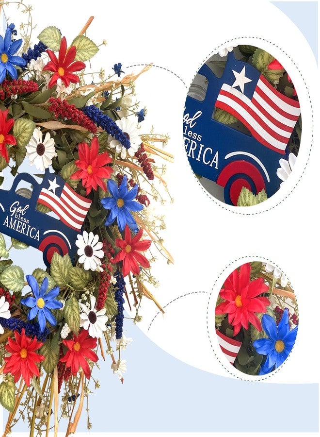 Idyllic 20Inch 4th of July Wreath Patriotic Independence Wreath for Front Door, Red White and Blue Daisy for Memorial Day Independence Day Veterans Day Front Door Decoration - Image 2