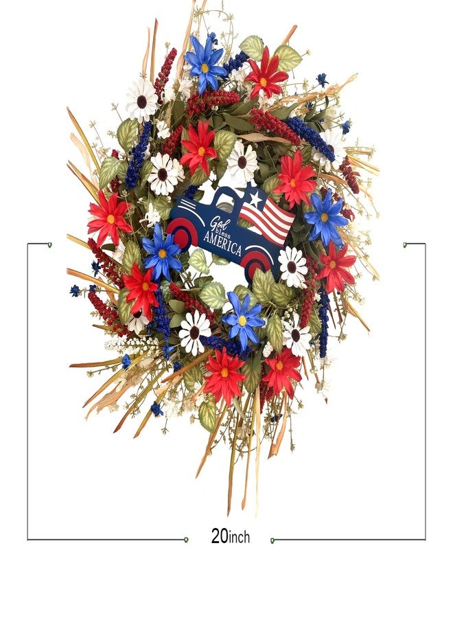 Idyllic 20Inch 4th of July Wreath Patriotic Independence Wreath for Front Door, Red White and Blue Daisy for Memorial Day Independence Day Veterans Day Front Door Decoration - Image 3