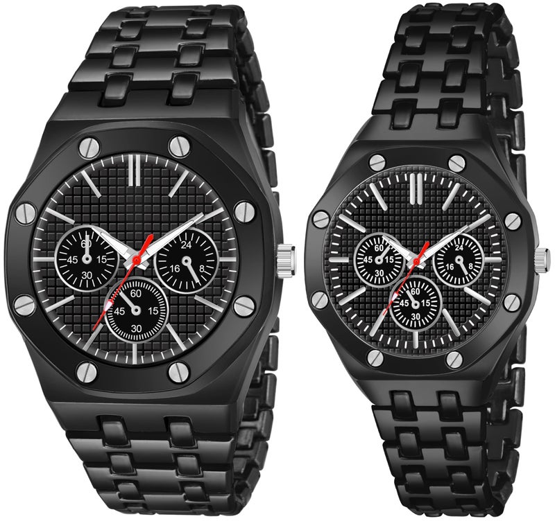 Acnos Stainless Steel Branded Uniq Black Colours Dial Case Belt Gift Watch Analog Combo Couple Watches Men Women Watch Pack Of 2 Valentine's Day Special, Black Band - Image 1
