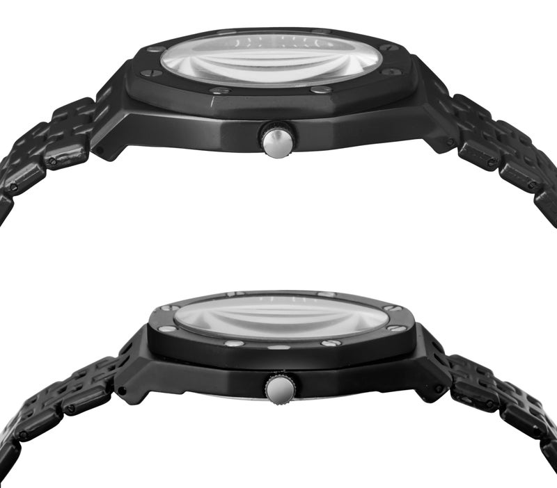 Acnos Stainless Steel Branded Uniq Black Colours Dial Case Belt Gift Watch Analog Combo Couple Watches Men Women Watch Pack Of 2 Valentine's Day Special, Black Band - Image 3