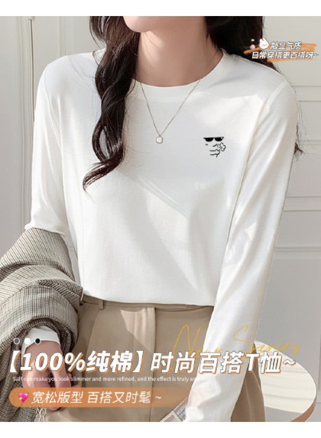 LANG SHA Women'S Long Sleeve Round Neck T-Shirt, Versatile Solid Color Print Base Layer Top, T-Shirt For Women - Image 1