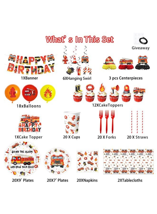 ANTFULCNl لوازم حفلة شاحنة الإطفاء زينة عيد الميلاد أطباق من الورق القابل للتصرف من رجال الإطفاء، لافتة شاحنة الإطفاء، دوامات معلقة، مفرش طاولة، قمة كعكة، بالون، قطع مركزية على شكل خلية نحل لرجال الإطفاء - Image 2