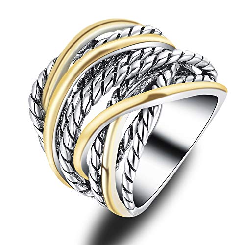 Mytys Gold and Silver Statement Rings for Women Wire Intertwined Design 14K Gold Plated Silver Band Ring Wide Index Finger Rings Costume Jewelry (Gold & Silver, 8) - Image 1