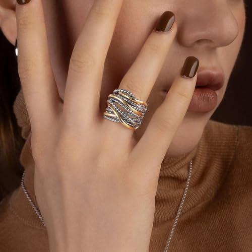 Mytys Gold and Silver Statement Rings for Women Wire Intertwined Design 14K Gold Plated Silver Band Ring Wide Index Finger Rings Costume Jewelry (Gold & Silver, 8) - Image 3