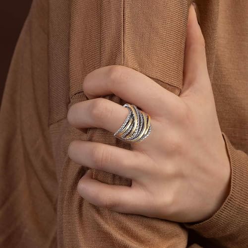 Mytys Gold and Silver Statement Rings for Women Wire Intertwined Design 14K Gold Plated Silver Band Ring Wide Index Finger Rings Costume Jewelry (Gold & Silver, 8) - Image 2
