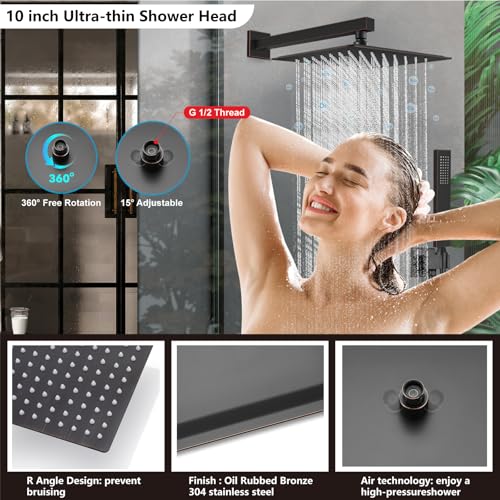 Midanya Shower Faucet Set,Wall Mount Shower System with Square Rain Shower Head and Hand Sprayer, Rough-in Valve Body and Trim Kit Included,10 Inch,Oil Rubbed Bronze - Image 3