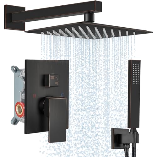 Midanya Shower Faucet Set,Wall Mount Shower System with Square Rain Shower Head and Hand Sprayer, Rough-in Valve Body and Trim Kit Included,10 Inch,Oil Rubbed Bronze - Image 1