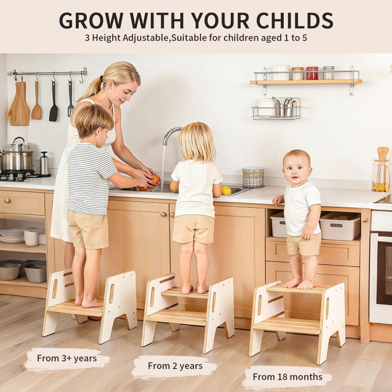 Wingyz Wooden Toddler Step Stool, 3-Height Adjustable Step Stools for Kids with Handles,Potty Stepstool for Bathroom Sink, Kitchen and Bedroom,Gift for Toddlers 1-3 - Image 2