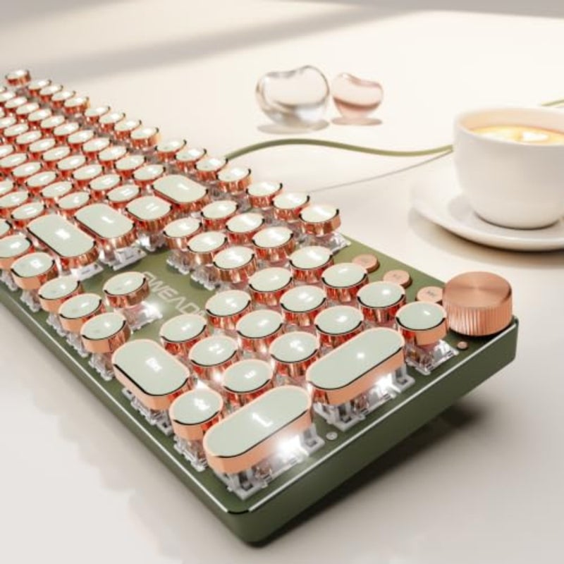 Retro typewriter-style mechanical gaming keyboard for desktop use, ABS keycaps, beige-gray color, hot-swappable green switches with tactile feedback and RGB backlighting - Image 1