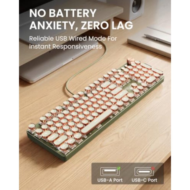 Retro typewriter-style mechanical gaming keyboard for desktop use, ABS keycaps, beige-gray color, hot-swappable green switches with tactile feedback and RGB backlighting - Image 5