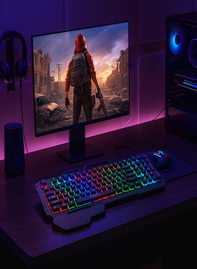 iMice Gaming Keyboard Rainbow RGB Lightning -104 -Key Compact Design with Metal Frame, Wrist Rest, Waterproof Keys & Turbo Shortcuts - Image 5