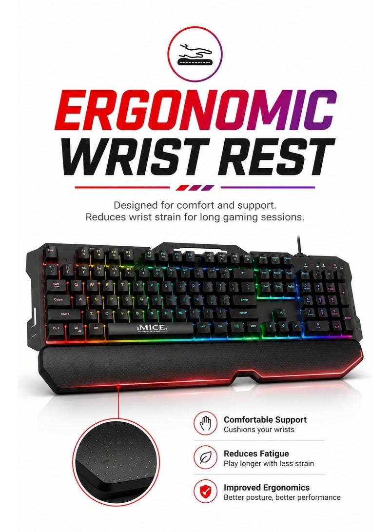 iMice Gaming Keyboard Rainbow RGB Lightning -104 -Key Compact Design with Metal Frame, Wrist Rest, Waterproof Keys & Turbo Shortcuts - Image 2