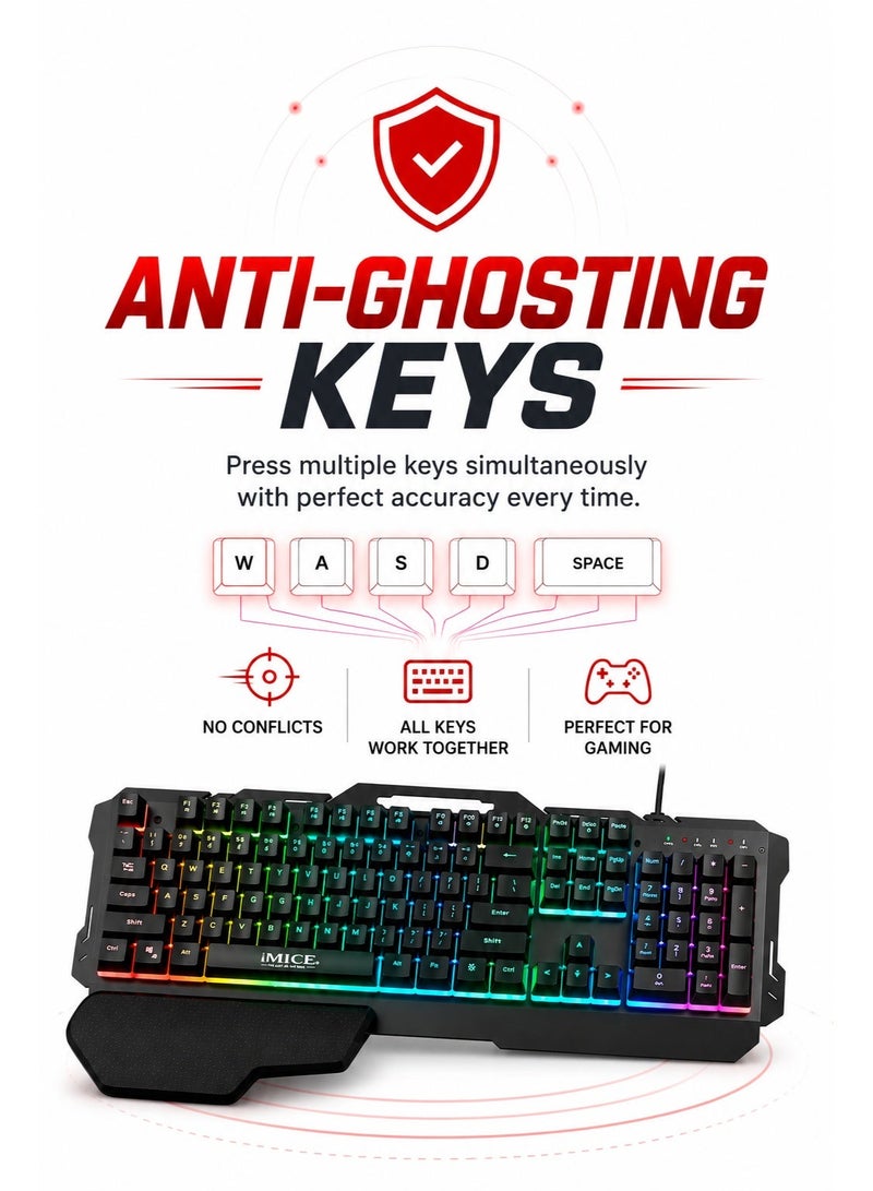 iMice Gaming Keyboard Rainbow RGB Lightning -104 -Key Compact Design with Metal Frame, Wrist Rest, Waterproof Keys & Turbo Shortcuts - Image 5