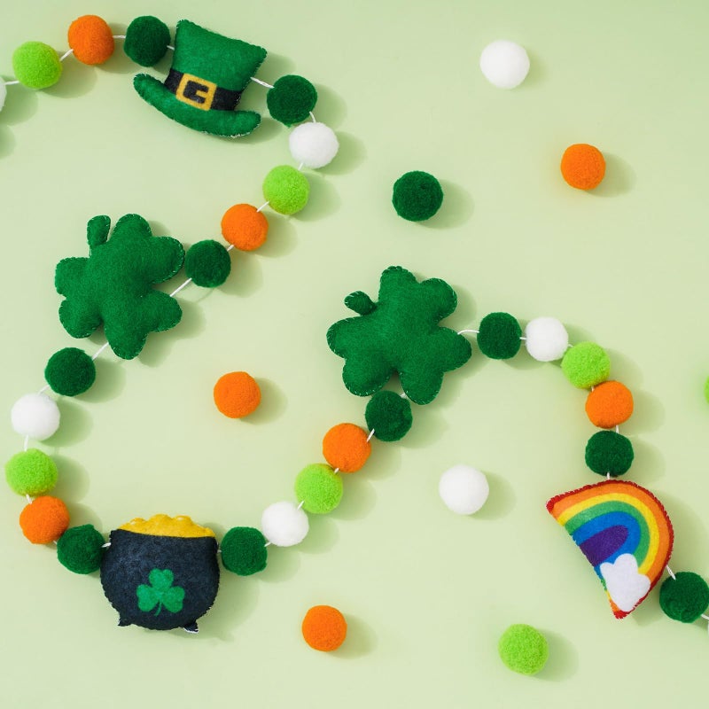 Whaline 8.2Ft St. Patrick's Day Felt Ball Garland String 3D Shamrock Hat Pot Rainbow Hanging Bunting Garland Green Orange Pom Ball Banner for Irish Holiday Home Wall Fireplace Decor - Image 1