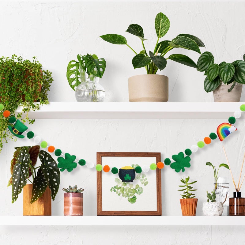 Whaline 8.2Ft St. Patrick's Day Felt Ball Garland String 3D Shamrock Hat Pot Rainbow Hanging Bunting Garland Green Orange Pom Ball Banner for Irish Holiday Home Wall Fireplace Decor - Image 4