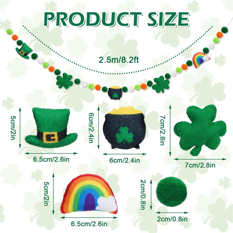 Whaline 8.2Ft St. Patrick's Day Felt Ball Garland String 3D Shamrock Hat Pot Rainbow Hanging Bunting Garland Green Orange Pom Ball Banner for Irish Holiday Home Wall Fireplace Decor - Image 2