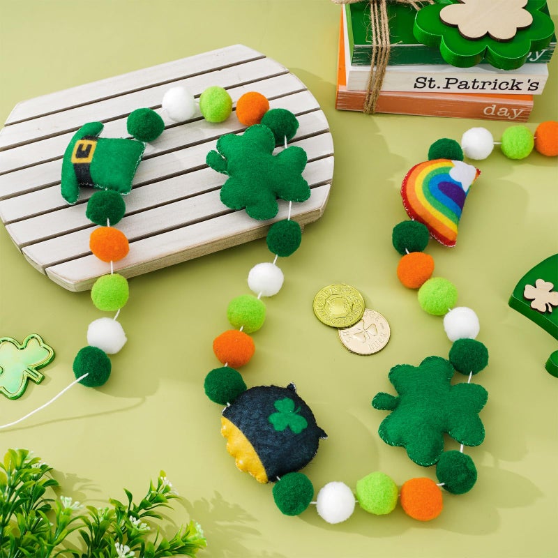 Whaline 8.2Ft St. Patrick's Day Felt Ball Garland String 3D Shamrock Hat Pot Rainbow Hanging Bunting Garland Green Orange Pom Ball Banner for Irish Holiday Home Wall Fireplace Decor - Image 3