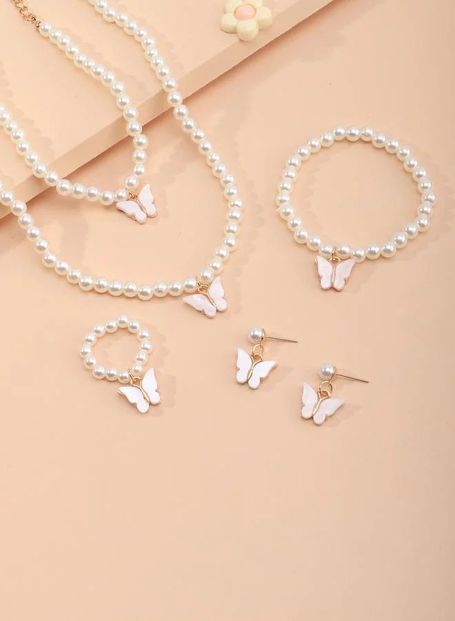 Take Two  Pack of 5 - Girls White Butterfly Charm Pearl Necklace, Bracelet, Ring and Earrings Set for Women | Best Price UAE