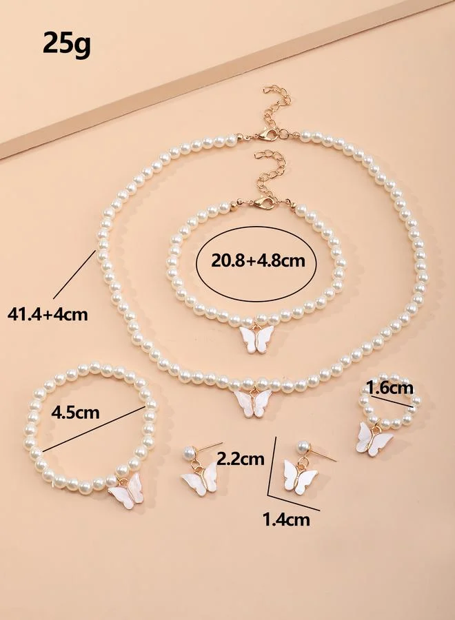 Take Two  Pack of 5 - Girls White Butterfly Charm Pearl Necklace, Bracelet, Ring and Earrings Set for Women | Best Price UAE
