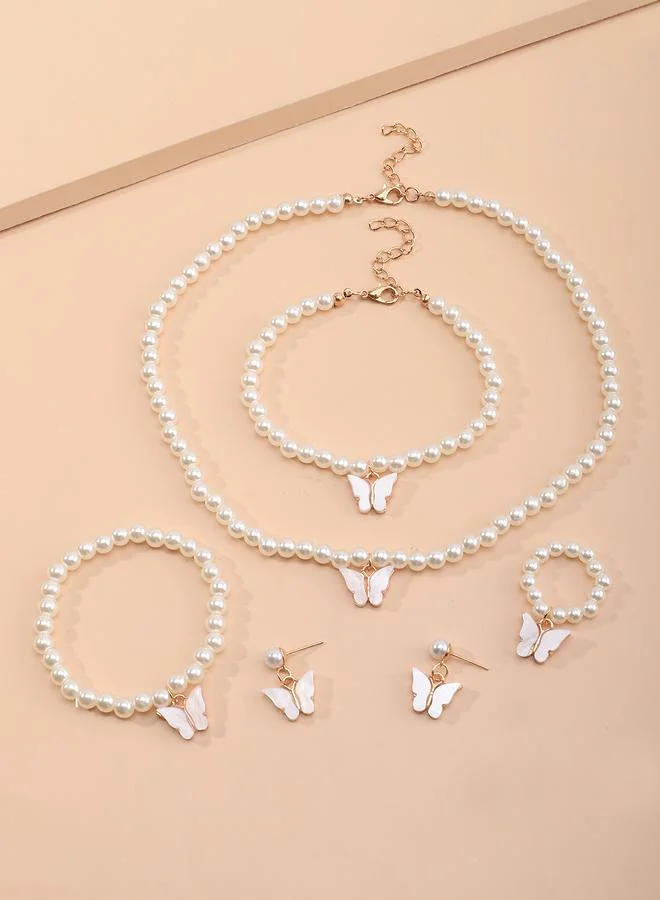 Take Two  Pack of 5 - Girls White Butterfly Charm Pearl Necklace, Bracelet, Ring and Earrings Set for Women | Best Price UAE