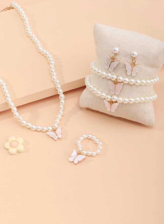 Take Two  Pack of 5 - Girls White Butterfly Charm Pearl Necklace, Bracelet, Ring and Earrings Set for Women | Best Price UAE