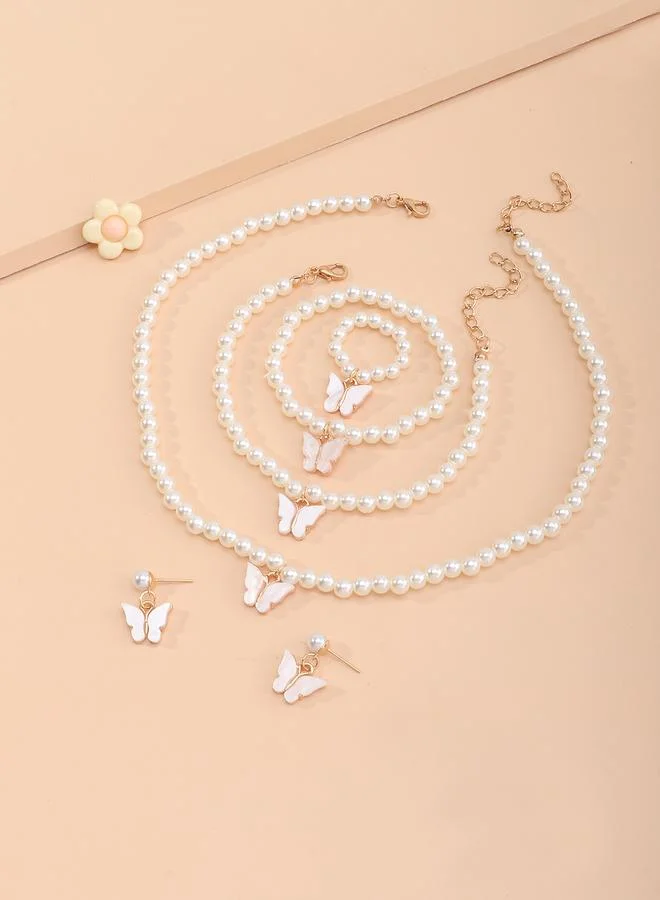 Pack of 5 - Girls White Butterfly Charm Pearl Necklace, Bracelet, Ring and Earrings Set